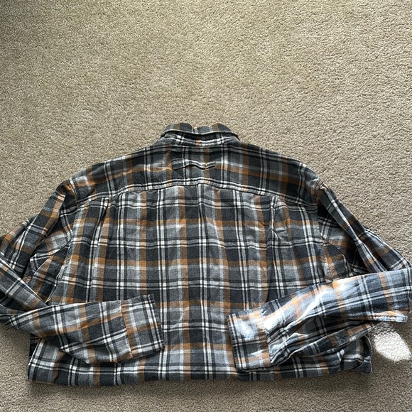 Duluth Trading Co Plaid Button Up Cotton Shirt Gray Tan White Mens XL Tall - Picture 8 of 8